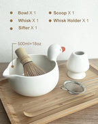 Matcha Whisk Set, Matcha Set with Cute Duck Inspired Matcha Bowl with Spout & Handle, Bamboo Whisk (Chasen), Holder, Scoop, Sifter, Complete Matcha Kit for Latte, Gifts