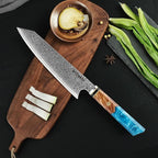 Seido Knives Kiritsuke Damascus Steel Chef Knife Epoxy Resin Stabilized Wood Handle Professional Kitchen Knife VG10 High Carbon Stainless Steel, Sky Blue
