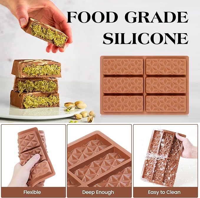 1 Pc Chocolate Bar Mold Deep Dubai Stuffed Silicone Molds for Filling Knafeh Pistachio Chocolate Bar and Wax Melts Rectangle Thick Candy Bar Molds Break Apart (Pyramid）