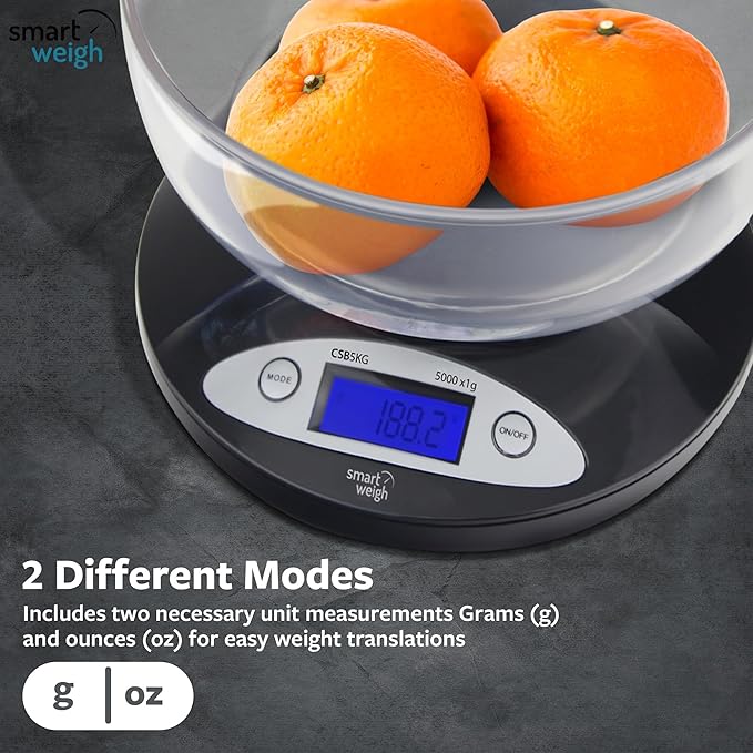 Smart Weigh Food Kitchen Scale with Bowl,11lb x 0.1oz / 5000 x 1grams, Digital Weight Scale for Baking,Cooking for Ounces and Grams