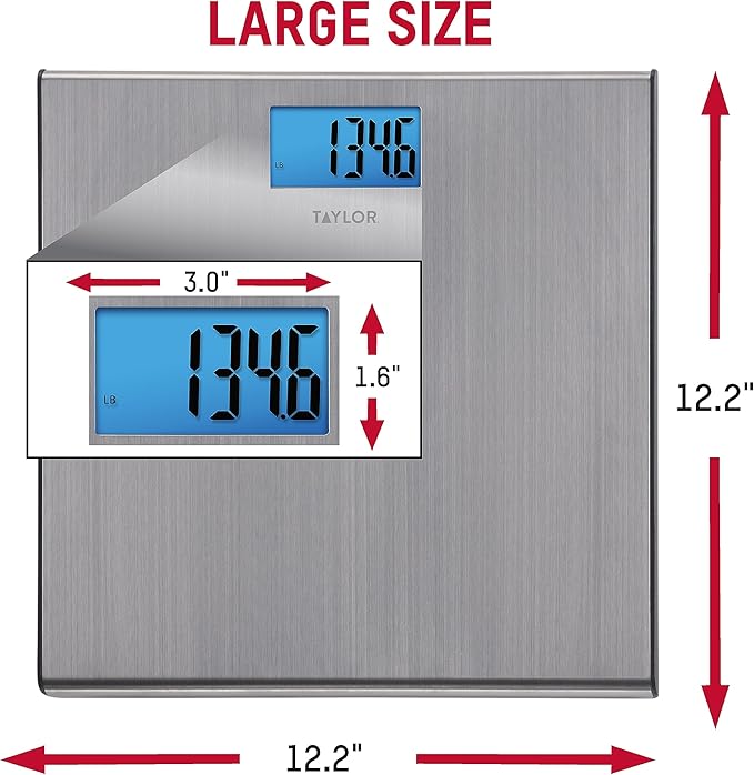 Taylor Digital Scales for Body Weight, Extra-High 440 lb Capacity, Thin Profile, Unique Blue LCD, Glass Platform, 12.2 x 12.2 Inches, Stainless Steel