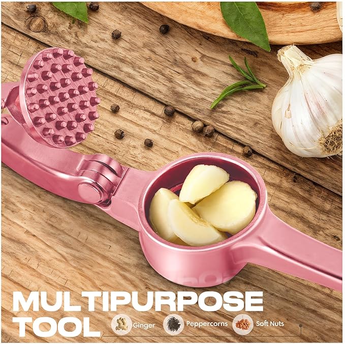 Kitchen Garlic Press, Rust Proof & Dishwasher Safe Garlic Mincer, Durable Garlic Crusher Set with Peeler＆Brush, Easy to Clean and Squeeze, Rose