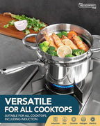 MICHELANGELO Saucepans with Lids & Steamer 7Pcs, Stainless Steel Pot Set with Triply Bottom, 3 Quart Saucepan with Steamer, 18/10 Saucepan Set Induction Compatible - 1QT & 2QT & 3QT