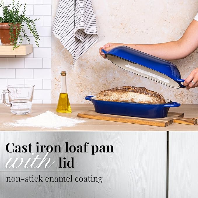 Enamelled Cast Iron Bread Loaf Pot – Dutch Oven For Sourdough Bread Baking – Oven Safe Non Stick Bread Pot – Rectangular, Dark Blue, 34cm x 16cm – by Nuovva