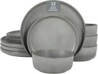 Gibson Elite Pasco 12 Piece (Service for 4) Plates and Bowls Reactive Glaze Dishes Stoneware Ceramic Dinnerware Set - Grey