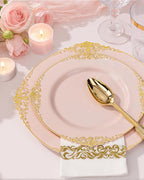 Nervure 350PCS Pink Plastic Plates - Pink Dinnerware Sets for 50 Guests - 100 Disposable Plates, 150 Gold Plastic Silverware, 50 Cups, 50 Napkins for Wedding & Party