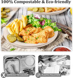 Compostable Paper Plates Set, 250PCS Disposable Heavy-Duty Sugarcane Plate and Eco-Friendly Utensil Biodegradable Dinnerware Plates, Extra Long Forks & Knives & Spoons for Party
