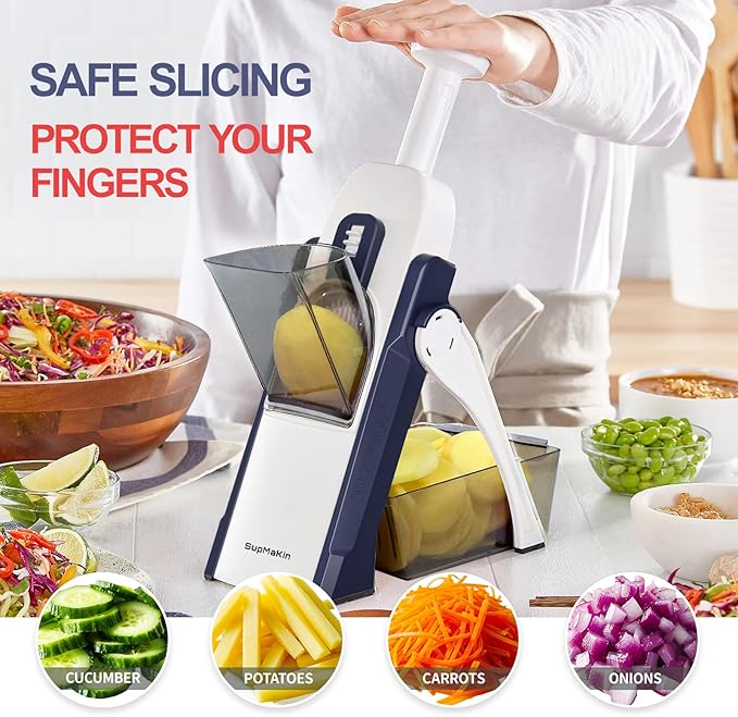 SupMaKin Safe Mandoline Slicer for Kitchen, Potato Slicer, All in 1 Vegetables Slicer and Chopper, French Fry Cutter, Adjustable Thickness, Dishwasher Safe Chopping Artifact Gift (Blue)