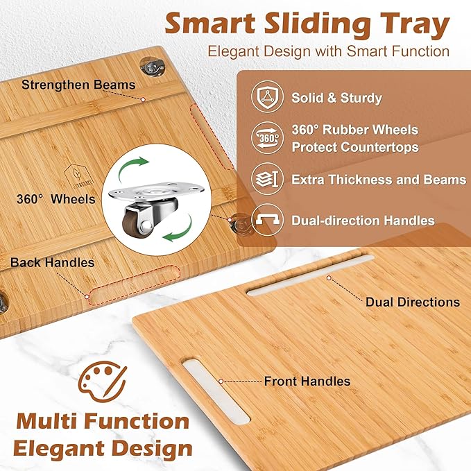 Joy&Grace Appliance Slider for Kitchen Appliances 360° Rolling Sliding Tray for Coffee Maker Countertop, Bamboo Coffee Pot Slider Rolling Tray (Natural, Medium 14.5" x 10")