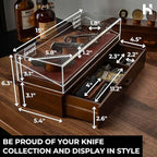 Premium Pocket Knife Display Case for 10 Knives - Wooden Knife Organizer, Storage & Holder with Unique Pillars, Hinged Cover, Drawer - Knife Collection Box - Handcrafted for Men