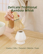 ZENS Matcha Whisk Set, 6pcs Matcha Kit Includes Ceramic Bowl, Handcrafted Bamboo Whisk and Chasen Holder, Scoop, 304 Sifter & Tea Mat，Matcha Set for Tea Ceremony,Latte Making, White