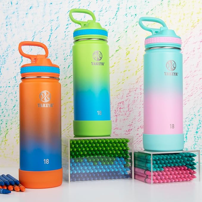 Takeya Actives Water Bottle with Straw Lid - Durable & Easy-Care Water Bottle with Stainless Steel Insulation - BPA-Free Lid with Carry Handle & Straw - Dishwasher-Safe - 18 oz, Ombre Awestruck