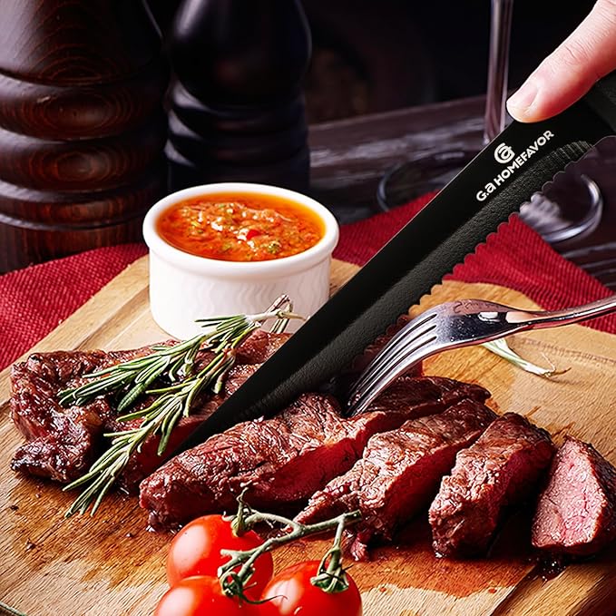 G.a HOMEFAVOR Steak Knife Set: 8-Piece Stainless Steel Sharp Serrated Knives Set with PP Handle for Kitchen, Full Black