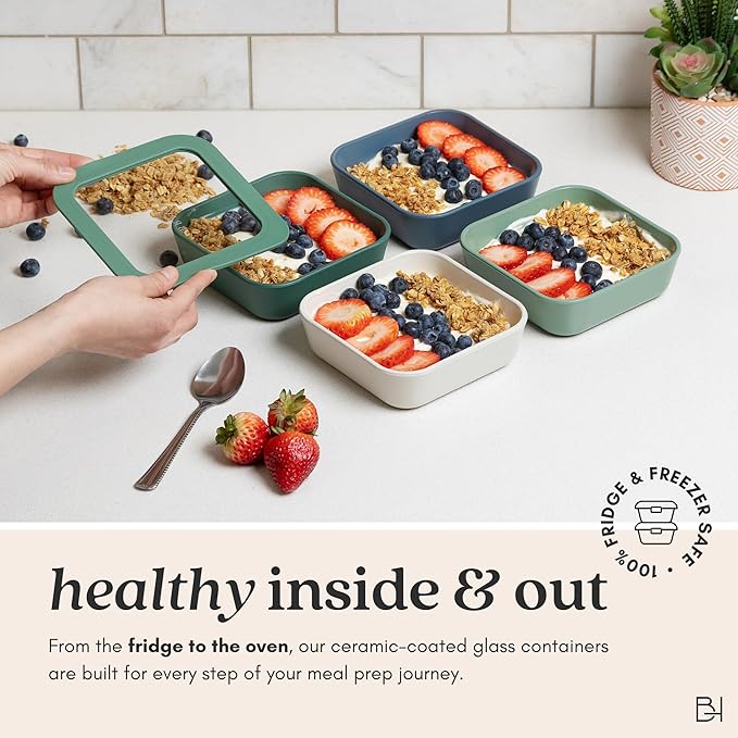 Ceramic Coated Glass Food Storage Container | No PTFE, PFOA, PFAS, and BPA | Reusable Non Toxic Meal Prep Container with Glass Lid | Easy To Store | 11 Cup Rectangle [Dusk]