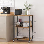 VASAGLE Kitchen Shelf on Wheels, Serving Cart with 3 Shelves, Kitchen Cart, Microwave Shelf, for Mini Oven, Toaster, with 6 Hooks, Industrial Style, Rustic Brown and Black UKKS60XV1