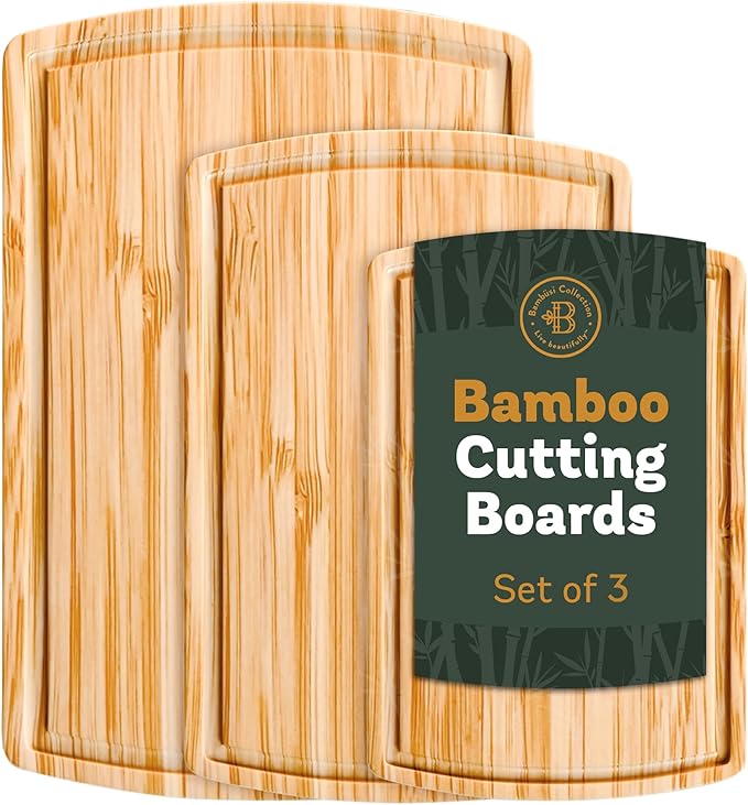 Bambüsi Wood Cutting Boards for Kitchen - Bamboo Cutting Board Set with Deep Juice Groove & Side Handles - Chopping Board Butcher Block for Meat, Vegetables, Charcuterie, Cheese, Serving, or Meal Prep