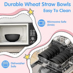 Quatish 16 PCS Unbreakable Cereal Bowls,Dishwasher & Microwave Safe Wheat Straw Bowls, Easy-to-Clean Lightweight Snack & Soup Bowl,Multi-Color Portable for Picnics Plastic Bowls Set, Black