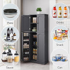 Yusong 64'' Grey Kitchen Storage Cabinet, Tall Pantry Cabinet with Doors and Shelves, 17 Cubic Feet, Freestanding for Kitchen, Dining, Living Room