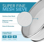 Stainless Steel Flour Sifter Fine Mesh Round Flour Sieve for Baking 8" Diameter x 2.5" High; 30 Mesh (Hole Size 0.6mm)
