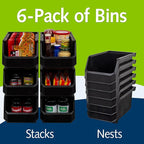Plastic Containers for Organizing and Storage Bins for Closet, Kitchen, Office, Garage or Pantry Organization, Stackable Bins, Large (14.8" x 8" x 7"), 6-Pack, Black