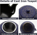 33.8oz Small Cast Iron Tea Kettle for Stovetop, Japanese Tetsubin Tea Pot Coated with Enameled Interior, Durable Cast Iron Teapot with Stainless Steel Infuser for Loose Tea and Tea Bags(1000ml)