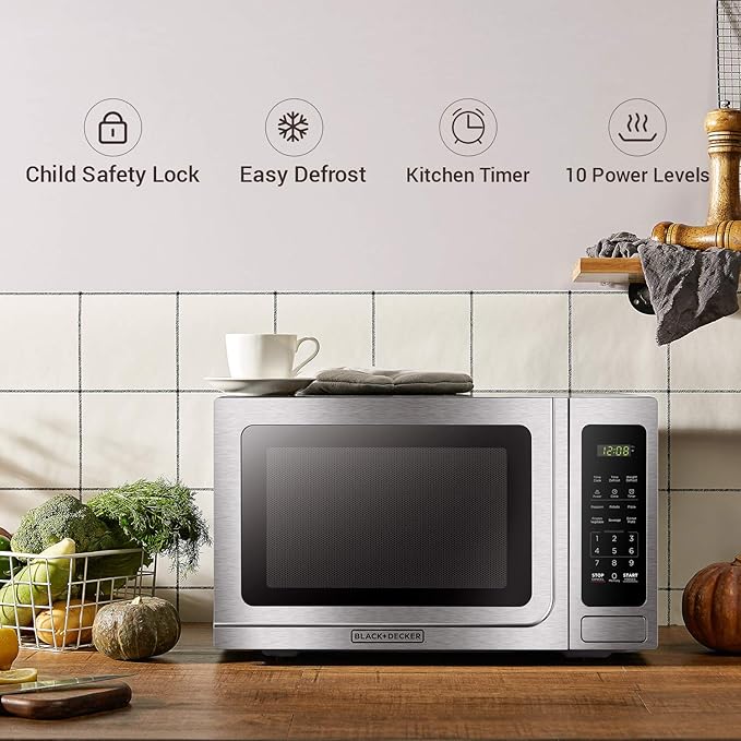BLACK+DECKER EM036AB14 Digital Microwave Oven with Turntable Push-Button Door, Child Safety Lock, Stainless Steel, 1.4 Cu.ft