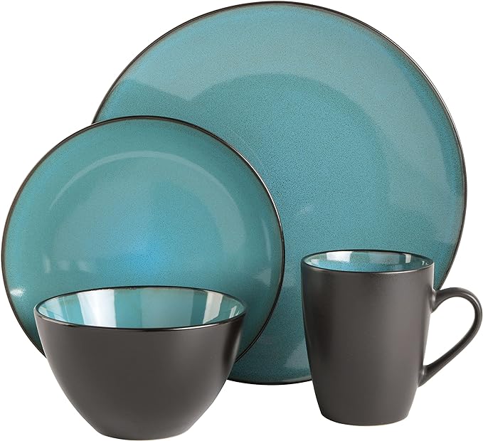 Gibson Elite Soho Lounge 16-Piece Round Reactive Glaze Stoneware Dinnerware Set, Service for 4 – Teal Plates and Bowls