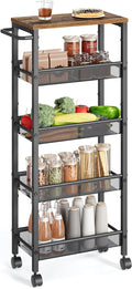 VASAGLE Slim Rolling Cart, 5-Tier Storage Cart, Narrow Cart with Handle, 8.7 Inches Deep, Metal Frame, for Kitchen, Dining Room, Living Room, Home Office, Rustic Brown and Classic Black ULRC035B01