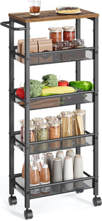 VASAGLE Slim Rolling Cart, 5-Tier Storage Cart, Narrow Cart with Handle, 8.7 Inches Deep, Metal Frame, for Kitchen, Dining Room, Living Room, Home Office, Rustic Brown and Classic Black ULRC035B01