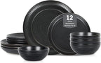 Stone Lain Elio 12-Piece Dinnerware Set Stoneware, Plates and Bowls Set, Dish Set for 4, Black