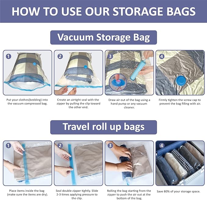 25 Pack Vacuum Storage Bags, Space Saver Vacuum Storage Bags, Vacuum Seal Bags for Clothing, Clothes, Comforters and Blankets, Hand Pump Included