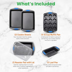 NutriChef 6-Piece Baking Pan Set - Carbon Steel Stackable Bakeware with Blue Silicone Handles & Nonstick Coating, Includes Cookie Sheets, Roaster Pan with Lid, Loaf Pan, and 12 Cup Muffin Pan (Gray)