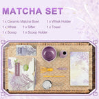Matcha Set–7-Piece Set Including Matcha Bowl with Spout, Whisk, Chasen Holder, Sifter, Bamboo Scoop with Stand, wood spoon(Cherry Blossom Purple)–Perfect for Matcha Lovers&Tea Ceremonies