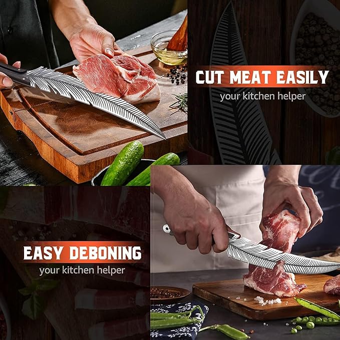 Huusk Japan Knife Feather Knife Hand Forged Viking Knife High Carbon Steel Butcher Knife Boning knife for Meat Cutting Japanese Chef Knives Cooking Knife with Sheath for Kitchen Camping Gift for Dad
