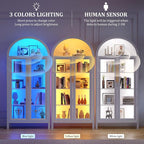 Arched Kitchen Pantry Cabinet with Glass Doors, Display Curio Case with 3 Color LED Lights for Collectibles, Modern 5-Tier Storage Hutch Cabinet for Kitchen, Dining Room, White