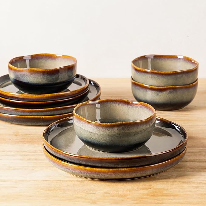 TheTerra Ceramic Dinnerware Sets for 4, 12 Pieces Porcelain Lightweight Plates and Bowls Sets, Scratch Resistant Dish Set, Oven & Microwave & Dishwasher Safe, Coffee Bean