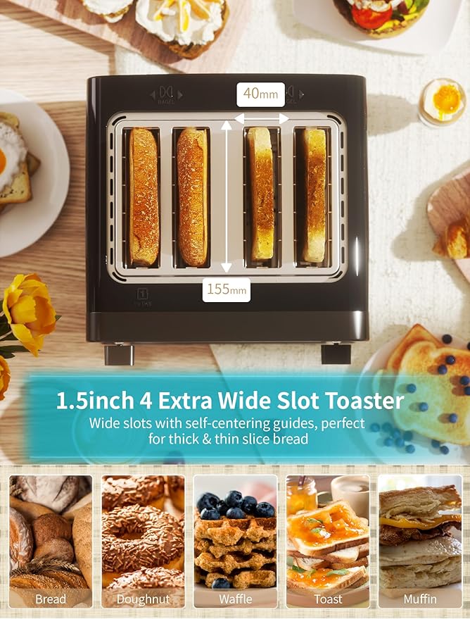 Gevi Toaster 4 Slice,Led Display Touchscreen Bagel Toaster with Dual Control Panels of Bagel/Reheat/Defrost/Cancel/Toasting One Slice/Longer Function,6 Shade Setting