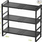 Expandable Stackable Aadjustable Shoe Rack Pantry Shelf for Kitchen Cabinets Counter Shelves Countertop Cupboard Storage Solution,Sturdy Heavy-Duty Metal Construction(3Packs/Black/Medium)