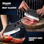 Huusk Serbian Chef Knife with Full Tang Handle Forged Butcher Knives for Meat Cutting Meat Cleaver Knife with Sheath for Halloween Kitchen Hunting or Camping Christmas Gift for Men and Women