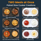 KOOC Double Small Slow Cooker, Buffet Server and Warmer, 2 Mini Pots with 3 Individual Adjustable Temp, Dual Ceramic Pots, Free Liners for Easy Clean-up, Stainless Steel, Total 2.5 Quart, Grey, Round