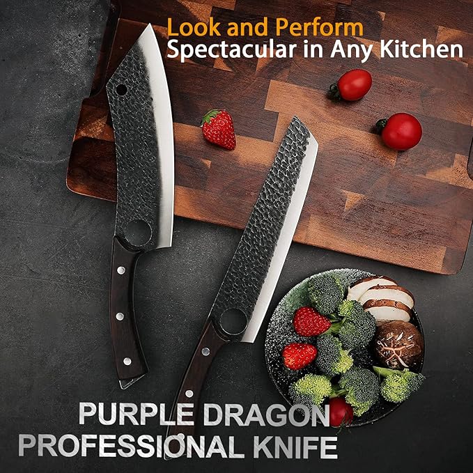 Purple Dragon Kitchen Knife 8 Inch Ultra Sharp Japanese Butcher Knife for Meat Cleaver Vegetable Cutting with Finger Hole Hand Forged High Carbon Steel Chef Knives Christmas Gift for Men and Women