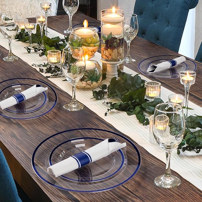 Goodluck 175 Piece Dark Blue Plastic Dinnerware Set for Party, Clear Disposable Plates for 25 Guests, Include: 25 Dinner Plates, 25 Dessert Plates, 25 Pre Rolled Napkins with Cutlery Set, 25 Cups