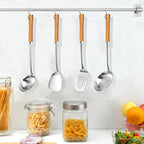 Pleafind 4-Pcs Cooking Utensils Set, Stainless Steel Kitchen Utensils with Wooden Hanlde, Kitchen Essentials Set Include Wok Ladle, Slotted Spoon, Wok Spatula and Slotted Spatula, Dishwasher Safe
