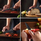 Stainless Steel Chef Knife Set, 6 Piece - Includes 8" Chef, 8" Bread, 7" Santoku, 5" Utility, 8" Carving & 3.5" Paring Knives (Black)