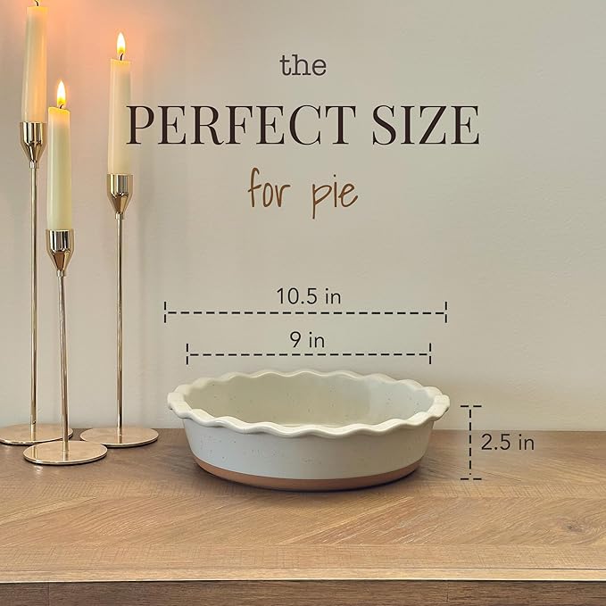 Mora Deep Fluted Ceramic Pie Dish for Apple Pie, Quiche, Tart - 9 inch - Modern Farmhouse Style Porcelain - Earl Grey