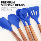 Zulay Kitchen Non-Stick Silicone Cooking Utensils Set with Acacia Wood Handles - 5 Piece Set - Heat Resistant to 464F - Dark Blue