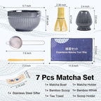 Matcha Whisk Set, Ceramic Matcha Bowl with Spout, Bamboo Whisk, Scoop, Ceramic Holders, Stainless Sifter, Towel, Perfect 7pcs Matcha Starter Kit for Tea Ceremony, Japanese Tea Making Tools (Grey)