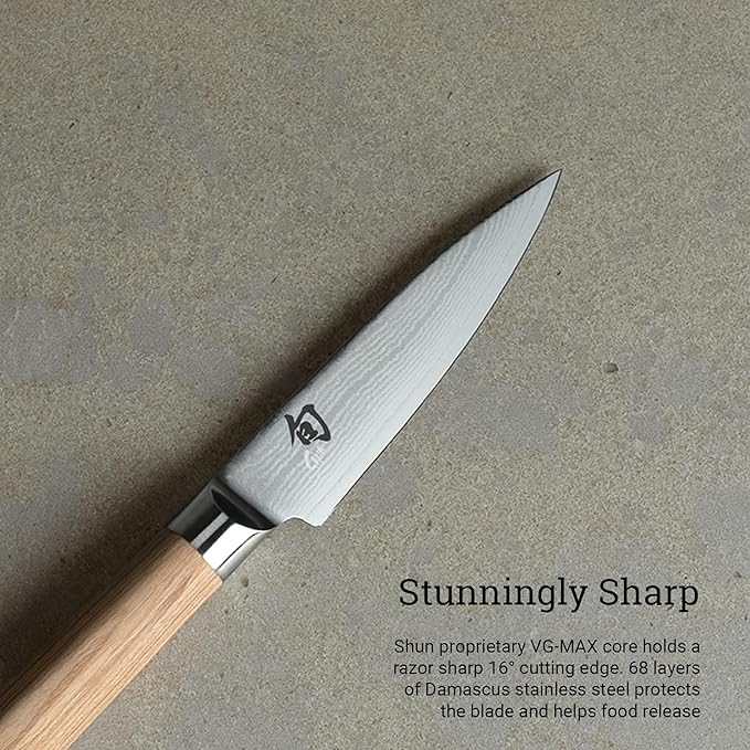 Shun Classic Blonde 3.5" Paring Knife, Handcrafted Japanese Vegetable & Fruit Knife, VG-MAX Core with Damascus Stainless Steel Cladding, Pakkawood Handle, Small Tool for Peeling, Coring & Cutting