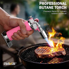 RAVS Butane Torch, Kitchen Torch Lighter for Creme Brulee with Adjustable Flame, Cooking Torch for Baking, BBQ, Desserts, Metal Mini Torch with Safety Buckle, Pink (Butane Not Included)