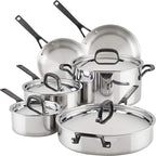 KitchenAid 5-Ply Clad Polished Stainless Steel Cookware Pots and Pans Set, 10 Piece